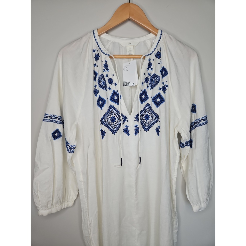 H&M Midi Dress S Maxi Neutral Blue Embroidered Boho Beachy Cotton Coastal